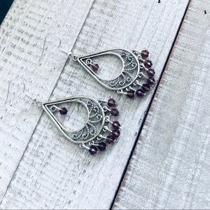 Bohemian Red Wine Teardrop Silver Earrings NWT